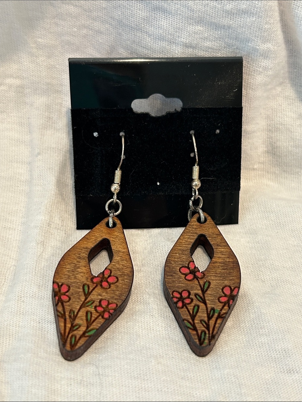 Handcrafted Wooden Floral Drop Earrings - Pink Flowers